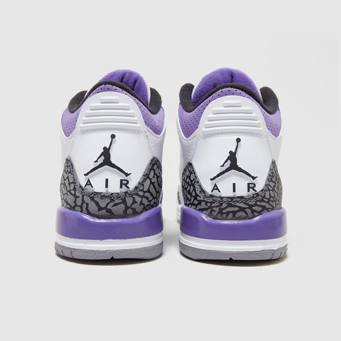 Air Jordan 3 'Dark Iris' releases August 24, 2022 for $200.  The white and purple sneakers are a subtle nod to Los Angeles Lakers legend Kobe Bryant.