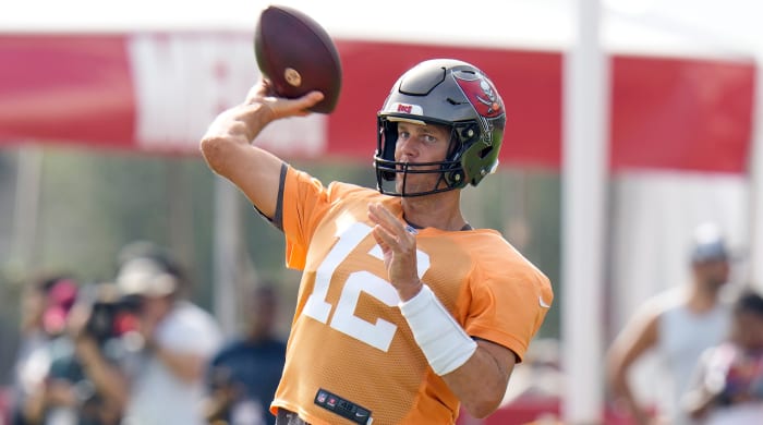 Buccaneers quarterback Tom Brady throws a pass during a training camp practice.