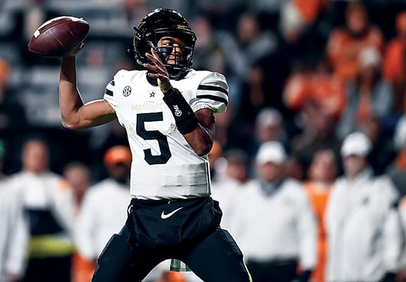 Vanderbilt Commodores quarterback Mike Wright (5) throws a pass during the second half against the Tennessee Volunteers at Neyland Stadium.