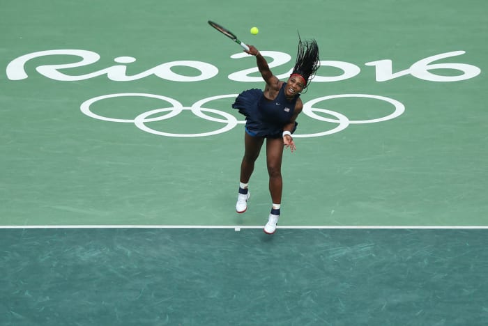 Serena Williams serves during a match at the 2016 Rio Olympics.