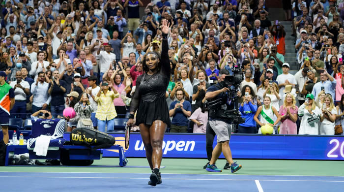 Serena Williams waves to the crowd after losing to Ajla Tomljanovic in the third round of the US Open.