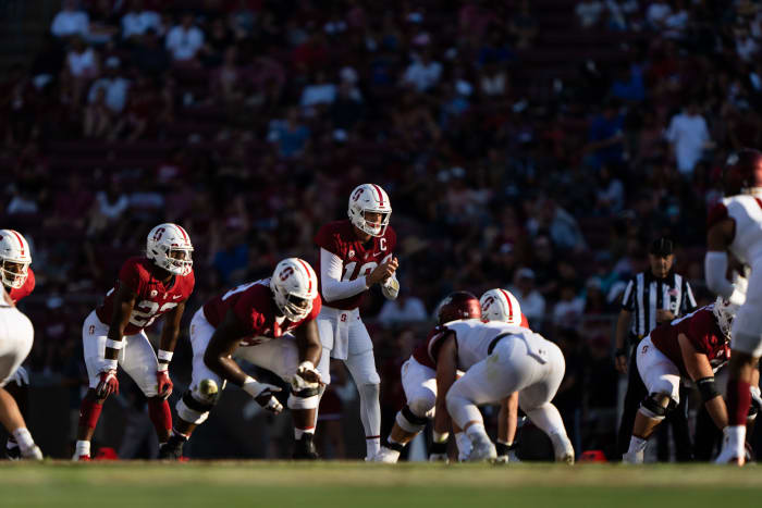 Stanford Cardinal quarterback Tanner McKee (18) calls for the ball during the second quarter against the Colgate Raiders at Stanford Stadium.