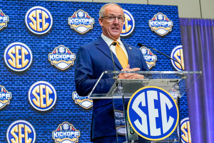 SEC commissioner Greg Sankey speaks to reporters during the league’s media days.