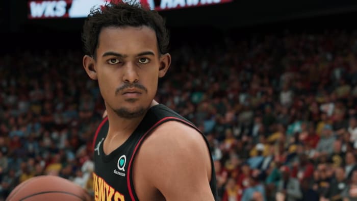 Image of Atlanta Hawks guard Trae Young's virtual character on NBA 2K23 video game.