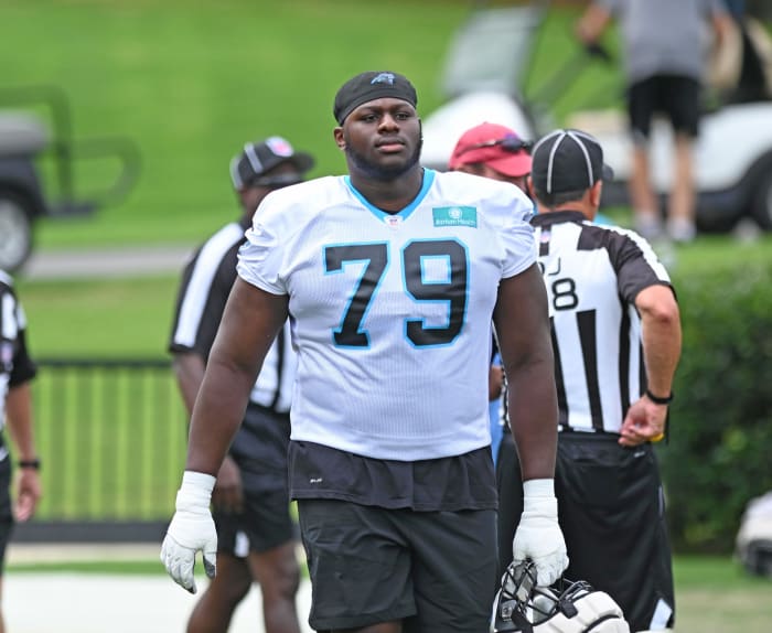 Jul 30, 2022; Spartanburg, South Carolina, US; Carolina Panther offensive tackle Ikem Ekwonu (79) on the field during panthers training camp at Wofford College. Mandatory Credit: Griffin Zetterberg-USA TODAY Sports