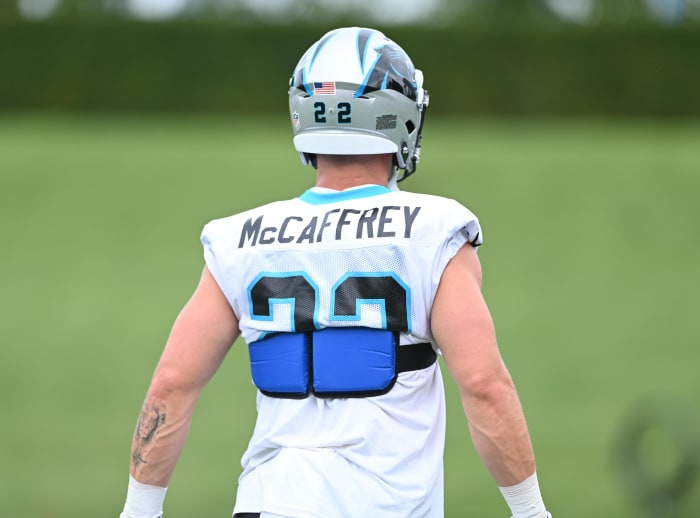 Jul 30, 2022; Spartanburg, South Carolina, US; Carolina Panthers running back Christian McCaffrey (22) on the field during training camp at Wofford College. Mandatory Credit: Griffin Zetterberg-USA TODAY Sports