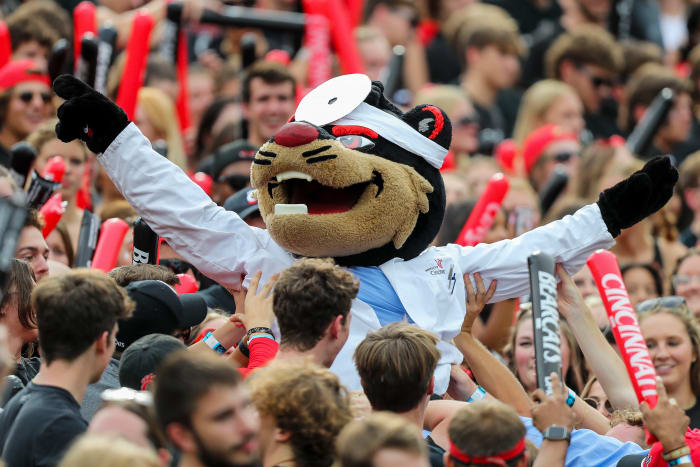 September 10, 2022;  Cincinnati, Ohio, USA;  The Cincinnati Bearcats mascot reacts after a touchdown against the Kennesaw State Owls in the first half at Nippert Stadium.  Mandatory Credit: Katie Stratman - USA TODAY Sports