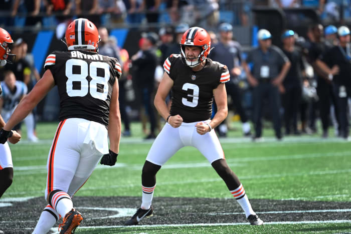 Sep 11, 2022; Charlotte, North Carolina, USA; Cleveland Browns place kicker Cade York (3) reacts with tight end Harrison Bryant (88) after kicking the winning field goal in the last few seconds of the fourth quarter at Bank of America Stadium. Mandatory Credit: Bob Donnan-USA TODAY Sports