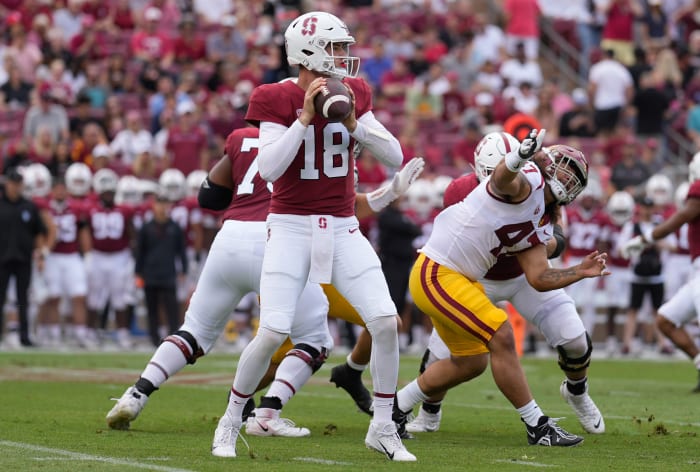sep 10, 2022; Stanford, California, USA; Stanford Cardinal quarterback Tanner McKee (18) throws the football against the USC Trojans during the first quarter at Stanford Stadium.
