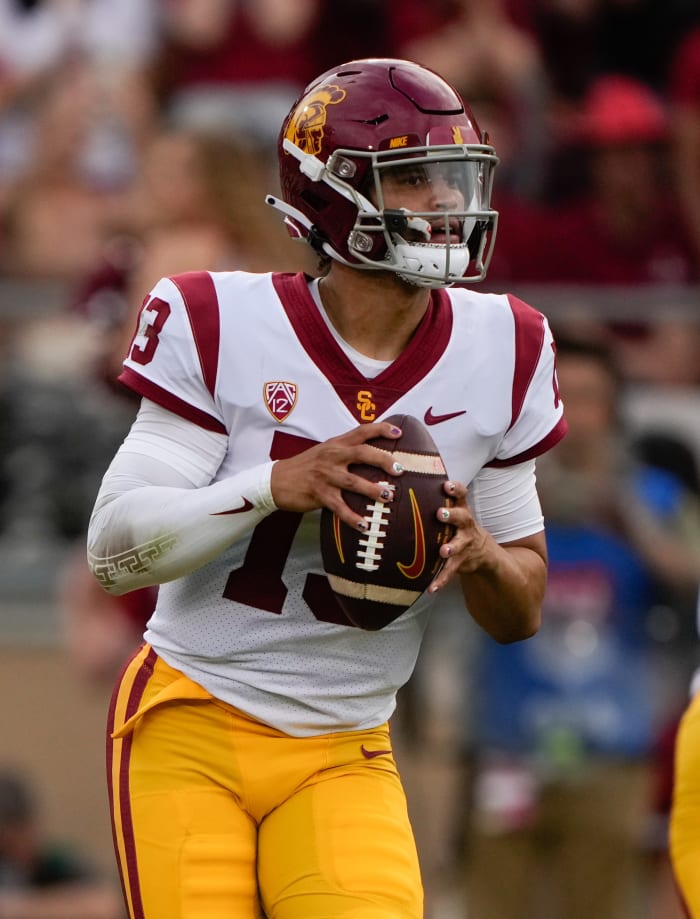 USC Trojans quarterback Caleb Williams (13) throws the ball during the second quarter against the Stanford Cardinal at Stanford Stadium.