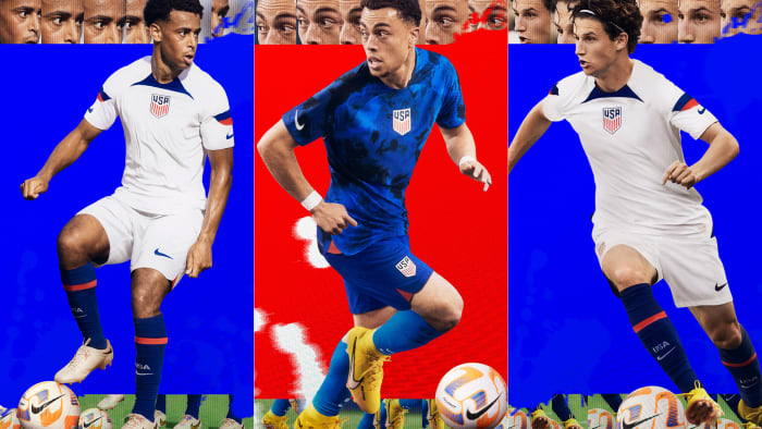 Tyler Adams, Sergiño Dest and Brenden Aaronson in the new USMNT World Cup kit