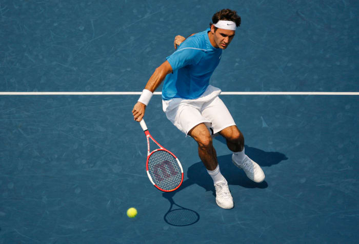 Roger Federer kicks a shot during the 2006 US Open.