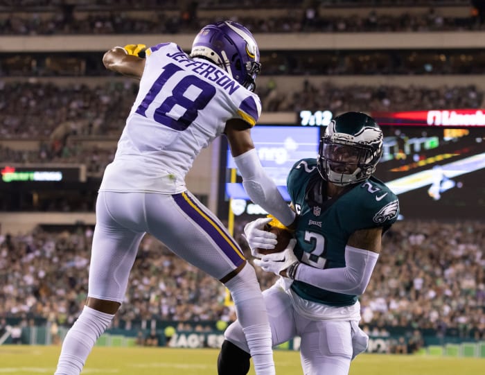 Philadelphia Eagles cornerback Darius Sleigh (2) intercepted the ball in front of Minnesota Vikings wide receiver Justin Jefferson (18) in the fourth quarter at Lincoln Financial Field.