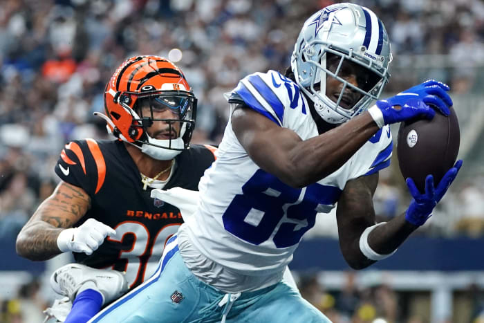 Dallas Cowboys wide receiver Noah Brown (85) catches a touchdown pass as Cincinnati Bengals safety Jessie Bates III (30) defends in the first quarter of an NFL Week 2 game.