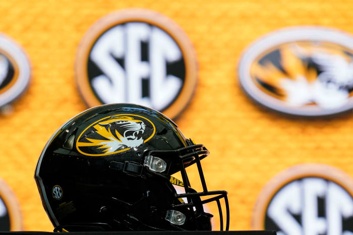 July 18, 2022;  Atlanta, GA, USA;  The Missouri Tigers helmet is shown on stage during the SEC Media Days at the College Football Hall of Fame.  Mandatory Credit: Dale Zanine-USA TODAY Sports