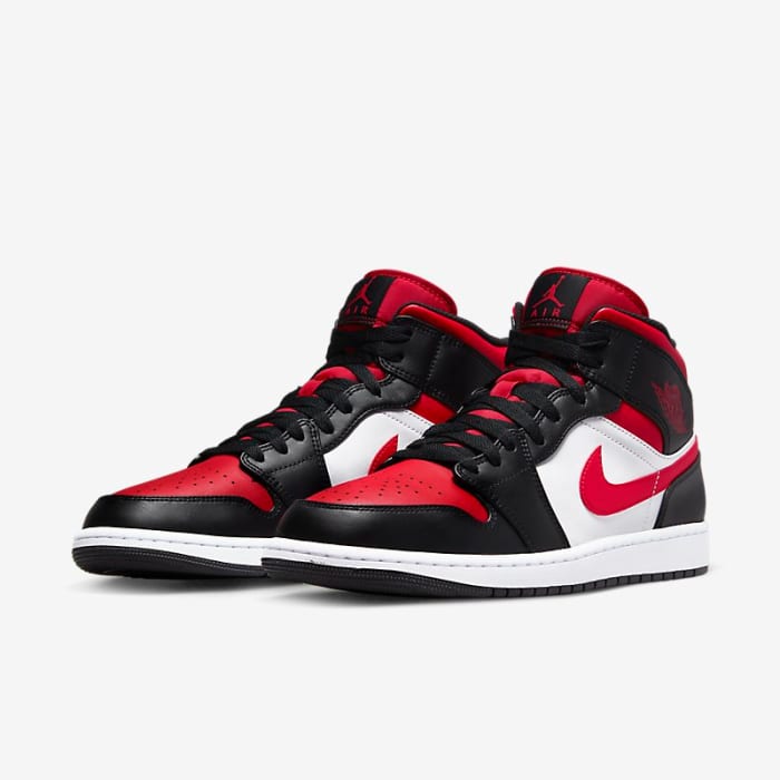 View of the black, red and white Air Jordan 1 shoes.
