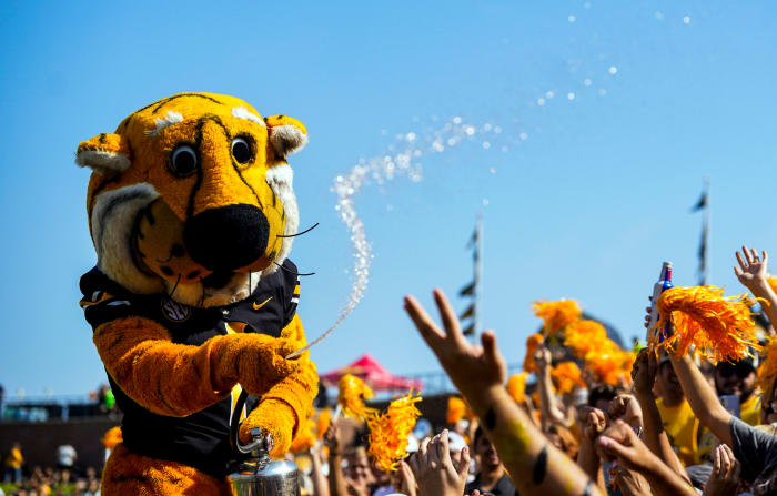 09/17/2022;  Colombia, Missouri, USA;  Missouri Tigers mascot Truman the Tiger sprays water on the student section before a game against the Abilene Christian Wildcats at Faurot Field at Memorial Stadium.  Mandatory Credit: Jay Biggerstaff-USA TODAY Sports