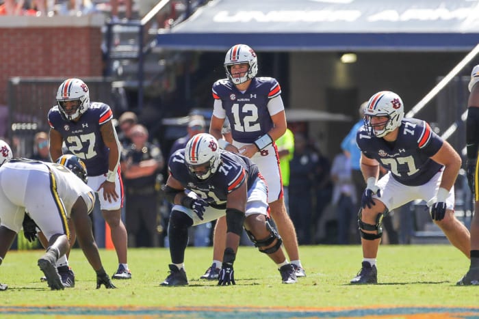 Auburn Tigers quarterback Holden Geriner (12) takes his first snaps of the season during the game between the Missouri Tigers and the Auburn Tigers at Jordan-Hare Stadium on Sept. 24, 2022.