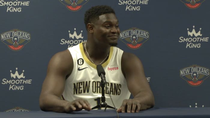 Sep 26, 2022;  New Orleans, LA, USA;  New Orleans Pelicans forward Zion Williamson (1) during a press conference at the New Orleans Pelicans Media Day from the Smoothie King Center.  Mandatory Credit: Stephen Lew-USA TODAY Sports