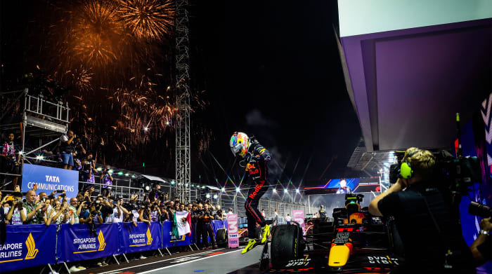 Sergio Perez, Red Bull Racing RB18, celebrating victory during the Formula 1 Singapore Airlines Singapore Grand Prix 2022