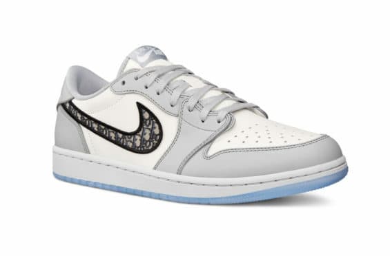 Grey and white Jordan shoe.