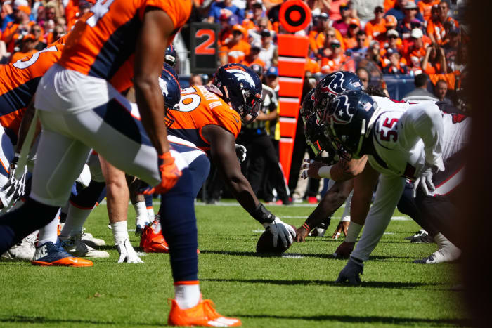 Denver Broncos center Lloyd Cushenberry III (79) lines up across from the Houston Texans in the first quarter at Empower Field at Mile High.