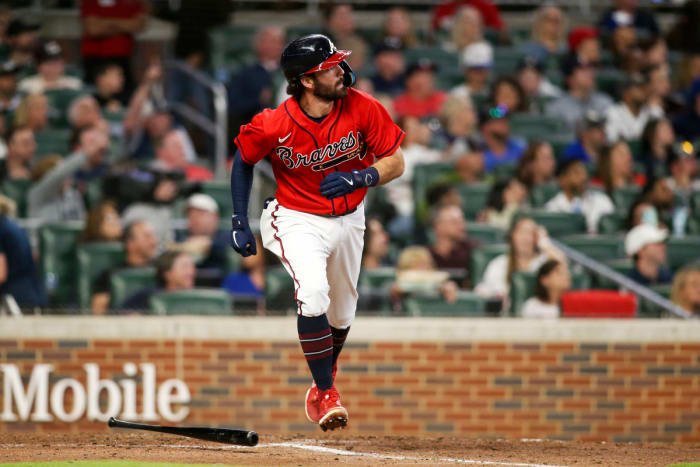 Sep 30, 2022; Atlanta, Georgia, USA; Atlanta Braves shortstop Dansby Swanson (7) hits a home run against the New York Mets in the sixth inning at Truist Park.