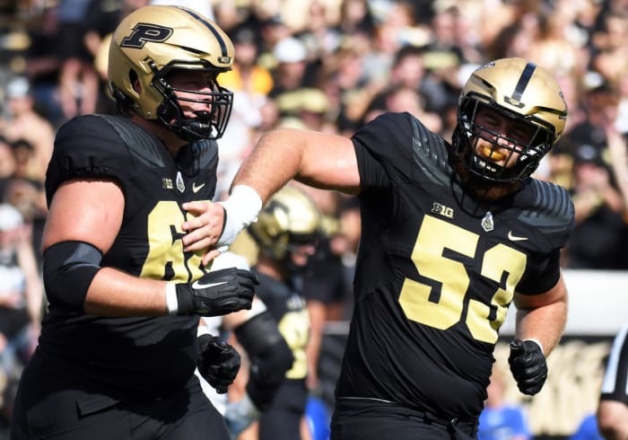 09/10/2022;  West Lafayette, Indiana, USA;  Purdue Boilermakers offensive lineman Gus Hartwig (53) celebrates with Purdue Boilermakers offensive lineman Cam Craig (68) after a touchdown in the first quarter against Indiana State Sycamores at Ross-Ade Stadium.