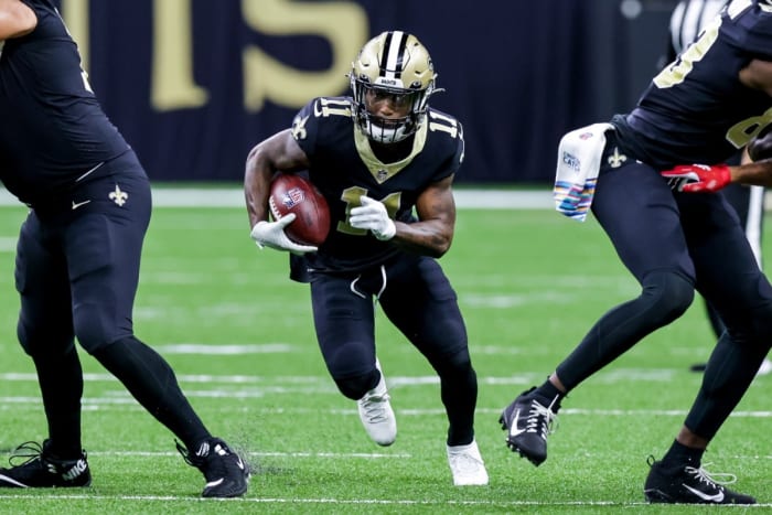 Oct 3, 2021; New Orleans Saints receiver Deonte Harris (11) returns a kick against the New York Giants. Mandatory Credit: Stephen Lew-USA TODAY