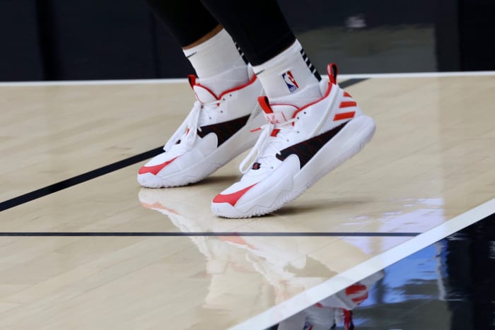 Damian Lillard's white, black and red Adidas shoes.