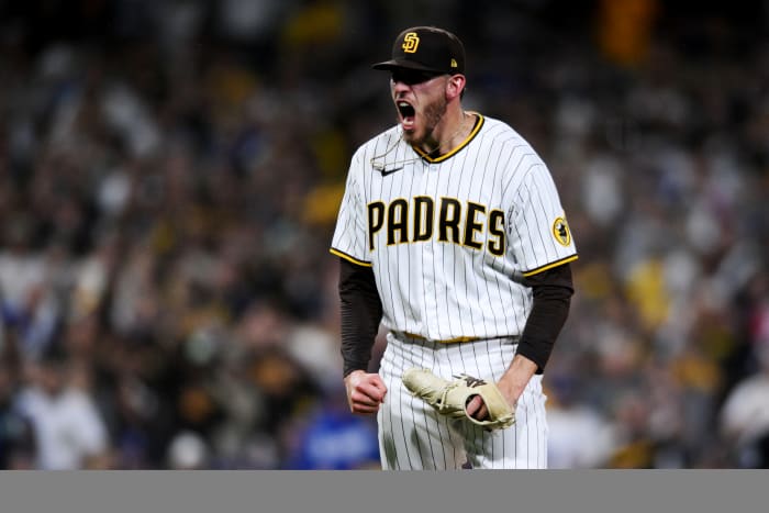 Padres’ Joe Musgrove reacts after getting a strikeout against the Dodgers in the NLDS.
