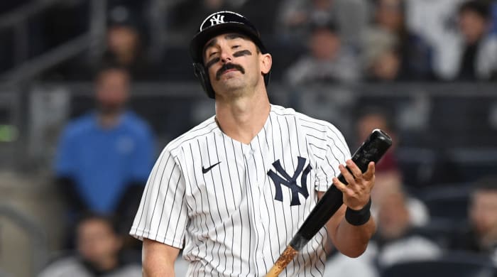 Yankees' Matt Carpenter reacts in Game 3 of the 2022 ALCS