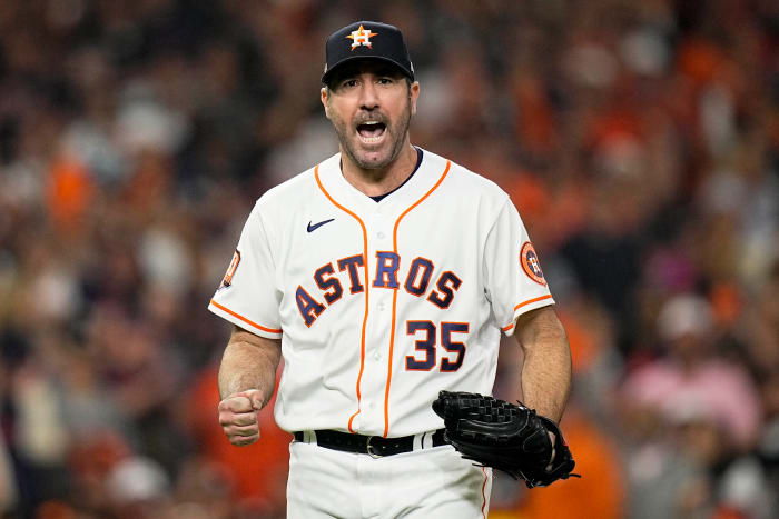 Justin Verlander celebrates after recording the final out of the sixth inning of ALCS Game 1 vs. the Yankees.