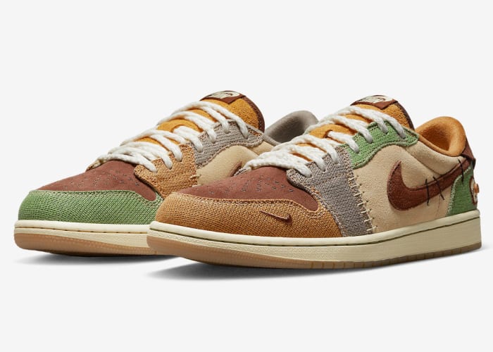Brown and green Air Jordan shoes.