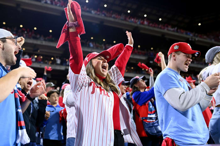 Phillies fans celebrate during Game 3 of the World Series.
