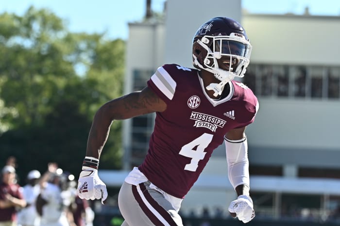 October 1, 2022; Starkville, Mississippi, USA. Mississippi State Bulldogs wide receiver Caleb Ducking (4) reacts after a touchdown against the Texas A&M Aggies in the second quarter at Scott Field's Davis Wade Stadium. Required credit: Matt Bush-USA TODAY Sports
