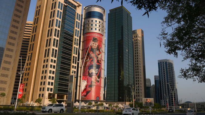 Christian Pulisic can be seen on a building in Doha