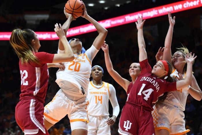 Tennessee center Tamari Key (20) scores on an offensive rebound during an NCAA college basketball game against Indiana on Monday November 14, 2022 in Knoxville, Tennessee.