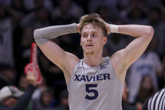 Xavier guard Adam Kunkel (5) reacts after a play against Fairfield.  (Katie Stratman - USA TODAY Sports)