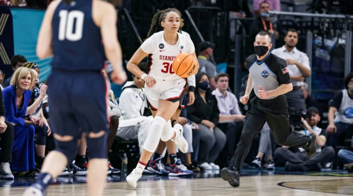 Stanford’s Haley Jones drives up the court against UConn in the Final Four.