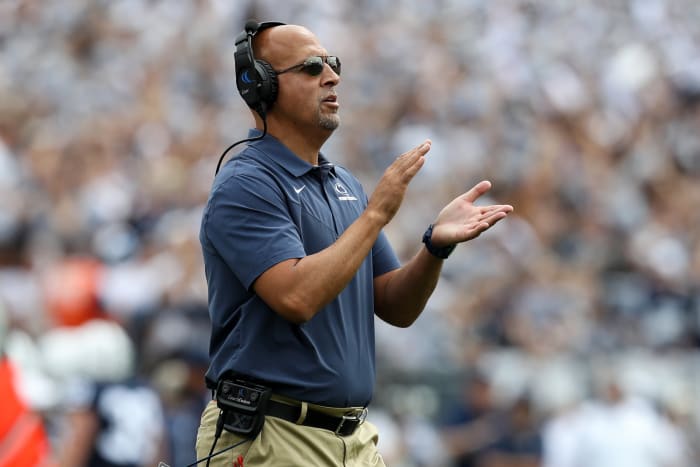 September 10, 2022;  University Park, Pennsylvania, USA;  Penn State Nittany Lions head coach James Franklin watches from the sidelines during the first quarter against the Ohio Bobcats at Beaver Stadium.  Mandatory credit: Matthew O'Harren-USA TODAY Sports