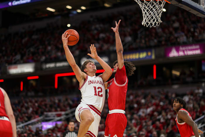 Miller Kopp scores with a drive in the basket against Miami of Ohio on Sunday.  (Photo courtesy of IU Athletics)