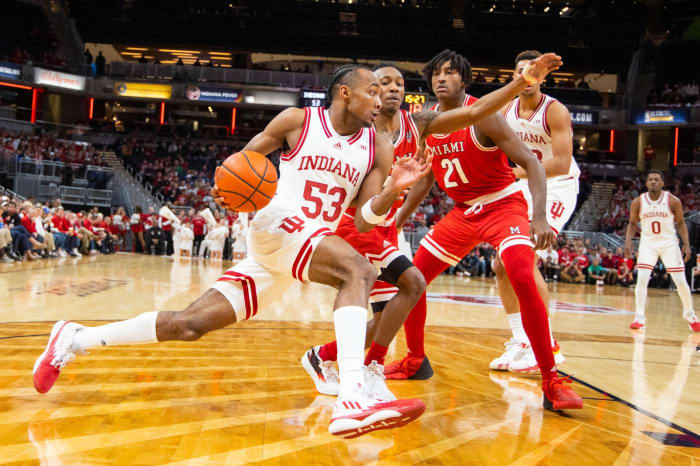 Indiana Hoosiers guard Tamar Bates (53) dribbles the ball while Miami (Oh) Redhawks guard Mekhi Lairy (2) during the second half at Gainbridge Fieldhouse.