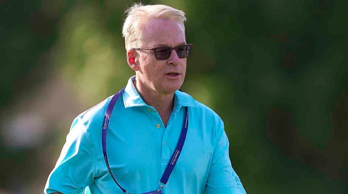 DP World Tour Chief Executive Keith Pelley is seen during the 2024 pro-am for the Hero Dubai Desert Classic at Emirates Golf Club in Dubai, United Arab Emirates.