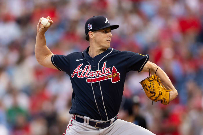 Sep 11, 2023; Philadelphia, Pennsylvania, USA; Atlanta Braves starting pitcher Kyle Wright (30) throws a pitch during the first inning against the Philadelphia Phillies at Citizens Bank Park.