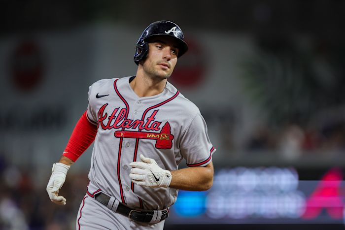 Sep 16, 2023; Miami, Florida, USA; Atlanta Braves first baseman Matt Olson (28) circles the bases after hitting a home run against the Miami Marlins during the sixth inning at loanDepot Park.
