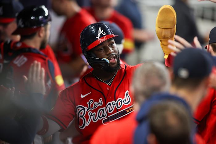 Sep 28, 2023; Atlanta, Georgia, USA; Atlanta Braves center fielder Michael Harris II (23) celebrates with teammates after scoring a run against the Chicago Cubs in the second inning at Truist Park.