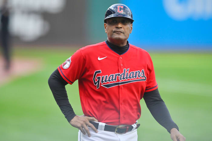 Sep 13, 2022; Cleveland, Ohio, USA; Cleveland Guardians first base coach Sandy Alomar Jr. (15) stands on the field in the first inning against the Los Angeles Angels at Progressive Field. Mandatory Credit: David Richard-USA TODAY Sports