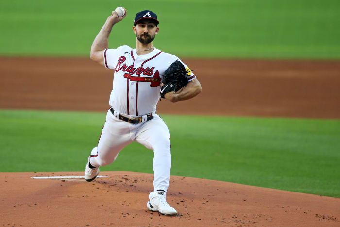Oct 7, 2023; Cumberland, Georgia, USA; Atlanta Braves starting pitcher Spencer Strider (99) pitches during the first inning against the Philadelphia Phillies during game one of the NLDS for the 2023 MLB playoffs at Truist Park.