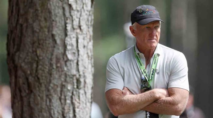 LIV golf chief executive Greg Norman looks on during the inaugural LIV golf invitational golf tournament in 2022 at the Centurion Club outside London.